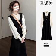 圣保美法式赫本小香風假兩件針織連衣裙女秋冬季2025新款氣質(zhì)長裙子春秋 假兩件連衣裙 L 碼