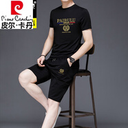皮爾卡丹（pierre cardin）運動(dòng)休閑兩件套裝男士短袖冰絲圓領(lǐng)夏季新款中青年T恤男帥氣潮流 黑色928短袖短褲 共一套 175/88A XL建議135-150斤