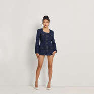 嬋町深圳南油小香風(fēng)連衣裙冬季新款藍色格紋百搭氣質(zhì)法式方領(lǐng)毛昵短裙 藍色 2XL