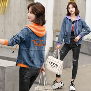 妹丫連帽長(cháng)袖刺繡撞色牛仔短外套2026新款女春秋季新款顯瘦夾克棒球服 桔色 M