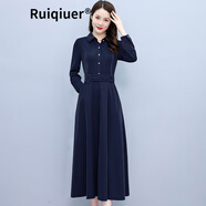 RUIQIUER連衣裙女春秋季新款女裝韓版時尚氣質(zhì)修身顯瘦中長款長袖裙子秋天 藏青色 XL