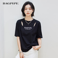 風(fēng)笛（Bagpipe）2024夏季新款綠色圓領(lǐng)短袖t恤女設(shè)計(jì)感小眾體恤百搭棉上衣女 黑色 XL