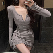 純欲風(fēng)辣妹v領(lǐng)長(cháng)袖連衣裙女性感褶皺收腰顯瘦內搭包臀 灰色 均碼 S均碼