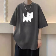 嘉曄2024新款短袖t恤男衣服男款潮牌男士上衣夏季男裝寬松男生T恤衫 T172抖站貓深灰色 S【60-70斤】