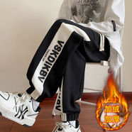 晗鯊褲子男秋季美式休閑褲男士運動(dòng)衛褲秋冬加絨加厚闊腿寬松束腳長(cháng)褲 黑色加絨 XL (120-140斤)