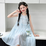 細仔碼頭女童連衣裙夏季背心裙子2025新款小女孩扎染百褶公主裙韓版甜酷潮 藍色連衣裙+包包 全棉內襯 150