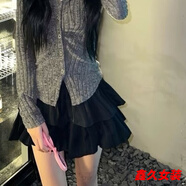 美安嘉社會女套裝網紅同款辣妹氣質v領純欲修身長袖襯衫+高腰蛋糕裙 黑色蛋糕裙 L