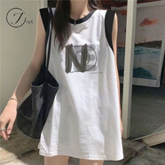 Jret吊帶坎肩圓領(lǐng)印花無袖背心女可外穿中長(zhǎng)款寬松顯瘦遮屁股ins上衣 拼接背心【NE】 L 建議100-120斤