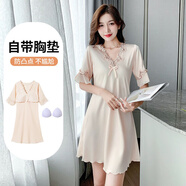 依曼安睡衣女夏季冰絲性感薄款短袖睡裙帶胸墊V領(lǐng)氣質(zhì)蕾絲女士家居服 352 香檳色（帶胸墊） XL 【110-125斤】