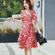 啄木鳥(niǎo)品牌女裝碎花雪紡連衣裙女2025夏裝新款小香風(fēng)大碼時(shí)尚顯瘦裙子 紅色 XL 建議110-125斤