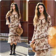 Olrain歐芮兒長(cháng)袖連衣裙女裝秋季荷葉邊暈染V領(lǐng)裙子 咖色（第二批） XL