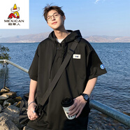 稻草人美式連帽短袖t恤男夏季潮牌寬松上衣港風(fēng)潮流ins百搭半袖機車體恤 黑色 L