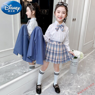 迪士尼（Disney）女童JK套裝秋裝2025新品兒童學(xué)院風(fēng)三件裝女孩西裝外套百褶裙洋氣 制服三件套藍(lán)色 外套+襯衫+裙子 150 cm