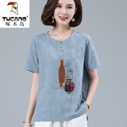 啄木鳥(niǎo)女士t恤冰絲短袖棉寬松中年老年上衣女洋氣印花夏季新款中年 藍色【專(zhuān)柜質(zhì)量】 5XL 建議【160-175斤】