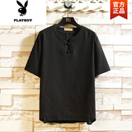 花花公子（PLAYBOY）2025冰絲短袖t恤男夏季薄款亞麻半袖上衣大碼V領(lǐng)男士寬松男裝棉麻 黑色-T156 M