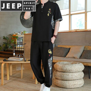 JEEP SPIRIT中國風(fēng)夏季冰絲短袖t恤套裝男休閑半袖唐裝體恤搭配九分褲兩件套 順Y28套裝黑色 M