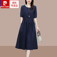 皮爾卡丹（pierre cardin）氣質(zhì)連衣裙2025年新款夏季女中長款收腰顯瘦遮肚a字短袖色裙子 藏青色 2XL 建議133-145斤