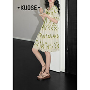 闊色（kuose）綠色天絲刺繡肌理感連衣裙女夏季新款碎花荷葉邊娃娃裙 花色 M
