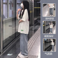 A 21 FUNB初高中生女套裝夏季12-15歲女孩衣服大童女裝青少年女大童夏裝13 白衣短袖藍(lán)褲兩件套裝 均碼 L【建議96-110斤】