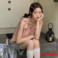 瑪菲萱吊帶背心女外穿內搭無(wú)袖打底衫上衣日系格子控可愛(ài)少女系帶上衣小 少女粉【款】 S 160