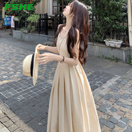 FSHE赫本風吊帶連衣裙夏季2025新款法式名媛氣質(zhì)收腰顯瘦中長款百褶裙 杏色 XL _建議121-130斤