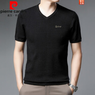 皮爾卡丹（pierre cardin）2025短袖針織衫男V領(lǐng)直筒春秋短袖羊|毛衫加厚針織半袖毛衣T|恤 黑色 3XL