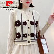 皮爾卡丹（pierre cardin）小香風(fēng)黑色打底針織連衣裙女秋冬修身顯瘦純色百搭網(wǎng)紗拼接毛衣裙 毛巾繡花馬甲    米色 均碼 85-135斤