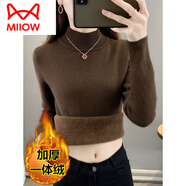貓人（MiiOW）秋冬加絨毛衣女加厚一體絨保暖上衣內搭大碼半高領(lǐng)套頭打底針織衫 咖啡色一體絨 L (165) 建議（110-120斤）