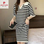 皮爾卡丹（PIERRE CARDIN）大尺碼2025夏季新款胖m妹遮肚子顯瘦中長(zhǎng)款寬松直筒條紋短袖連衣 白條紋【別致/休閑//寬松/修身/ 4XL 建議180-200斤