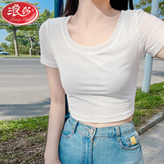 浪莎（LangSha）短款網(wǎng)紗打底衫女夏季吊帶裙內(nèi)搭t恤短袖緊身冰絲半截蕾絲上衣薄 白色-前雙后單 L