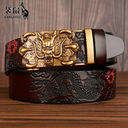 袋鼠（KANGAROO）七夕龍頭復(fù)古自動(dòng)扣腰帶男士真皮雙龍戲珠紋帶身休閑牛仔皮帶 雙龍紋咖色金扣 115cm 115cm