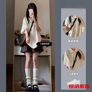 美梵朗華夫格短袖polo衫女夏季國潮美式翻領(lǐng)T恤寬松上衣ins百褶裙套裝 【兩件套】Polo領(lǐng)短袖+咖色百褶 M 【建議80-94斤】