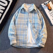 唐號春秋款小香風(fēng)刺繡外套男高級感痞帥工裝夾克潮牌寬松休閑格子襯衫 XXF016淺藍色 2XL