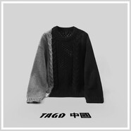 TAGD中國 粗線扭花拼接情侶毛衣春秋季寬松休閑慵懶風(fēng)針織衫男女同款 黑灰拼色 L (建議身高175-180)