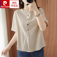 皮爾卡丹（pierre cardin）新款棉短袖T恤女豎條紋仿棉麻上衣夏季寬松顯瘦短袖 卡其色 XL 建議【105-115斤】