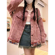 QGF森系小香風(fēng)牛仔外套女春秋復(fù)古做舊拼接設(shè)計(jì)感小眾寬松開衫夾克潮 粉紅色 M