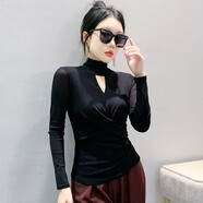 瑤益春季新款高領(lǐng)網(wǎng)紗長(cháng)袖打底衫女T修身內搭鏤空性感顯瘦上衣小衫 黑色 L
