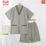 貓人（MiiOW）純棉麻足浴汗蒸服男款足療店客人衣服洗浴中心睡衣足道湯泉桑拿服 豆沙綠長城邊 2XL