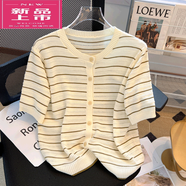 皮爾卡丹（pierre cardin）復(fù)古冰絲條紋短袖t恤夏季薄款大尺碼女裝鏤空針織開衫上衣小衫 A8803#卡其條紋 XL 【建議115-130斤】
