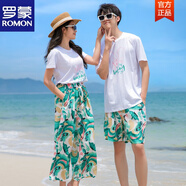 羅蒙（ROMON）三亞旅游穿搭沙灘情侶裝夏裝短袖t恤闊腿褲超仙蜜月度假海邊套裝 綠色闊腿褲套裝 女L