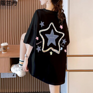 蔻蘭丹（KOULANDAN）純棉短袖t恤女裝2025夏季新款韓版寬松減齡顯瘦遮肉中長款上衣服 黑色 L 【110-130斤】