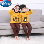 迪士尼兒童保暖內衣套裝純棉加厚男童女童寶寶保暖衣3-11歲三層夾棉睡衣 姜黃色 黃恐龍夾棉 120碼【建議105-115厘米】