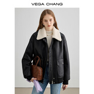 VEGA CHANG加絨短外套女2025年冬新款設計感翻領(lǐng)機車(chē)風(fēng)黑色絨大衣 布林黑 M
