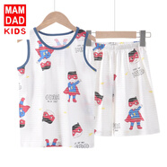 KIDS MAM&DAD爸媽親兒童背心套裝夏薄竹節(jié)棉透氣男童背心短褲兩件套新品童裝 白色超人 90cm