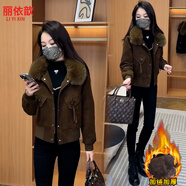 麗依歆加絨加厚短外套女2025秋冬新款洋氣大毛領(lǐng)保暖小個(gè)子短款上衣夾克 咖啡色 XL 110-120斤