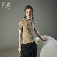 日著RIZHUO【商場同款】正肩T恤衫2024夏季新修身不規(guī)則純棉女衫 氣球棕 S 建議拍大一碼
