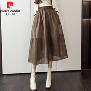 皮爾卡丹（pierre cardin）高端紗半身裙女春秋歐洲站松緊高腰顯瘦百搭時(shí)尚中長款網(wǎng)紗a字裙 卡其 S