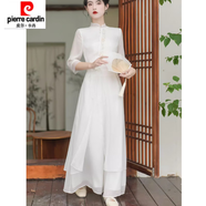 皮爾卡丹仙氣漢服日常禪意茶藝師服裝采耳古箏養生館新中式旗袍連衣裙 689白色套裝 S