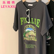 樂(lè )雅秀2025夏季新款美式字母印花長(cháng)裙女百搭顯瘦時(shí)髦過(guò)膝休閑寬松連衣裙 灰色 L 建議100-120斤