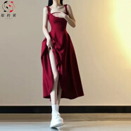 紫矜芙高級法式大碼赫本風御姐吊帶紅色連衣裙夏天女2025年新款收腰長裙 紅色長款[海邊度假沙灘約會裙梨 S 40/45kg